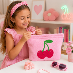 Kids Beach Towel Pouch Pink With Pink Cherry