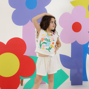 White Flowers Girls Shorts and T-shirt  Set