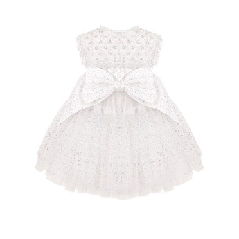 Junona white tulle girls' occasion dress with sparkling bodice, full skirt, and large back bow.