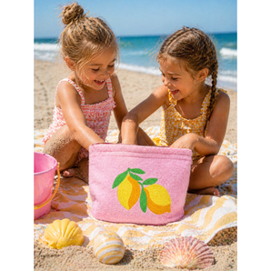 Kids Beach Towel Pouch – Baby Pink Lemon Print
