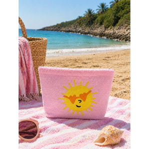 Kids Beach Towel Pouch - Baby Pink with Yellow Sun