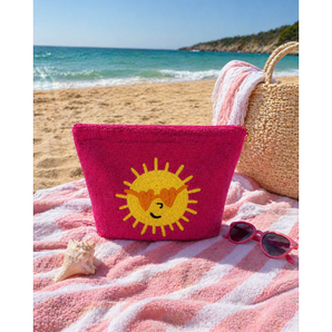 Kids Beach Towel Pouch - Fuchsia Pink with Sunshine