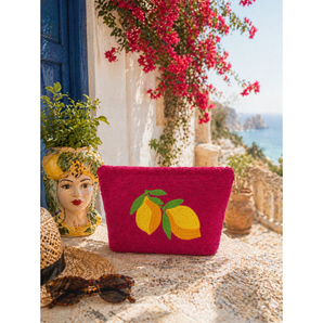 Kids Beach Towel Pouch - Fuchsia with Yellow Lemon