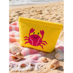 Kids Beach Towel Pouch - Yellow with Pink Crab