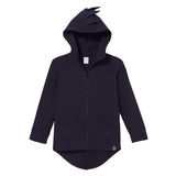 Kuku Kid navy blue dino hoodie cardigan jacket for boys, featuring a full zipper, front pockets, and a rounded hem.