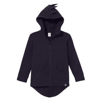 Kuku Kid navy blue dino hoodie cardigan jacket for boys, featuring a full zipper, front pockets, and a rounded hem.