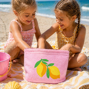 Kids Beach Towel Pouch – Baby Pink Lemon Print