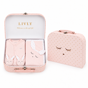 LIVLY Bunny Set – Baby Girl Soft Baby Blanket + Bunny Simplicity Cotton Sleepsuit Footie– Pink