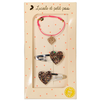 Luciole et petit pois gift set: pink bracelet with gold charm, two heart-shaped glitter hair clips.