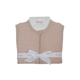 Lulujo 1.0 TOG blush pink 100% cotton muslin sleep sack with zipper, tied with a white logo ribbon.