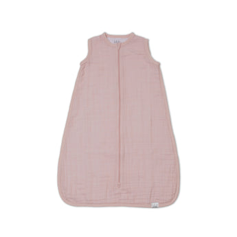 Lulujo 100% Cotton Muslin Sleep Sack in light pink, featuring a front zipper and sleeveless design.