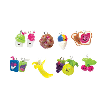 Colorful toy charms shaped like food items on a white background