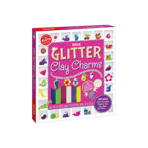 Klutz Make Glitter Clay Charms craft kit packaging with colorful charms and glitter on a white background.