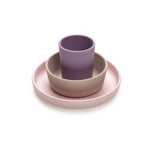 Melii 3 Piece Silicone Meal Set - Plate, Bowl & Cup (Pink, Grey, Purple)
