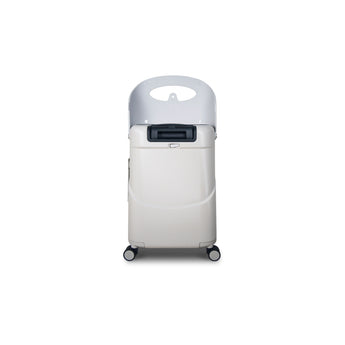 MiaMily 24-inch beige hard shell check-in luggage with a white ride-on seat and black handle.
