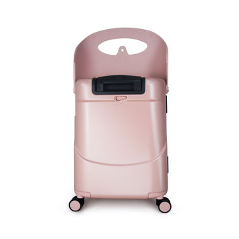 Pink MiaMily 24-inch check-in luggage with a ride-on seat for kids and adults.