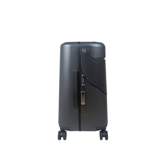Dark gray MiaMily 24-inch check-in suitcase with a ride-on seat design and four wheels.