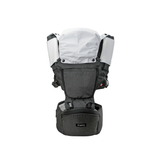 MiaMily Hipster Ergonomic Baby Carrier in dark gray fabric with white accents and a detachable hood.