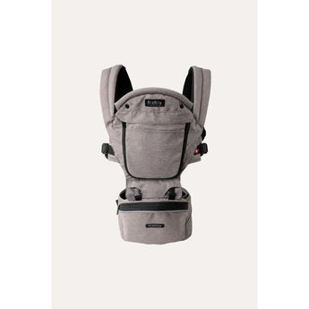 MiaMily Hipster Ergonomic Baby Carrier in light gray fabric with black trim, showing hip seat and padded straps.