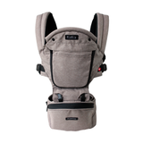 MiaMily Hipster ergonomic baby carrier in light brown fabric with black trim and hip seat.