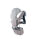 MiaMily Hipster Ergonomic Baby Carrier in heather gray with a light gray hood, showing hip seat and adjustable straps.