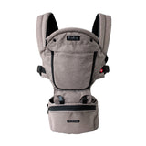 MiaMily Hipster Ergonomic Baby Carrier in light brown fabric with black trim and hip seat.