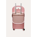 Pink MiaMily carry-on luggage with silver telescoping handle and four wheels.