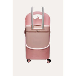 Pink MiaMily carry-on luggage with silver telescoping handle and four wheels.