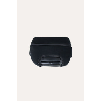 Black MiaMily luggage cover for carry-on suitcase, top view, showing handle opening.
