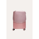 Pink MiaMily carry-on luggage with a clear protective cover, showing the top half covered.