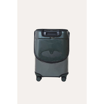 Clear protective MiaMily luggage cover on a dark grey carry-on suitcase, showing top handle access.