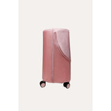Pink MiaMily carry-on luggage with a protective, clear cover partially visible.