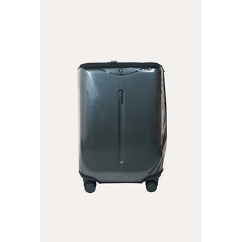 Clear MiaMily protective luggage cover on a dark gray carry-on suitcase with black trim.