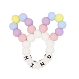 Personalized Bunny Ears Silicone Teether with pastel beads and "KIND" lettering.