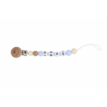 Personalized pacifier clip with "ANNAS" in white and blue silicone beads, natural wood clip and beads.