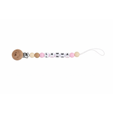 Personalized pacifier clip with "LAMMA" in pink and white letter beads, natural wood clip, and silicone beads.