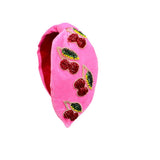 My Little Thieves Cherry Beaded Velvet Headband Hot Pink