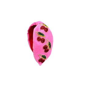 My Little Thieves Cherry Beaded Velvet Headband Hot Pink - My Little Thieves