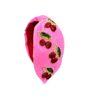 My Little Thieves Cherry Beaded Velvet Headband Hot Pink