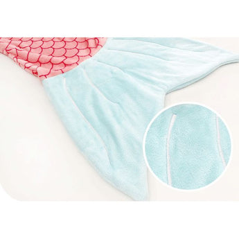 Soft, light blue mermaid tail sleeping sack with pink scales and a close-up of the plush fabric.