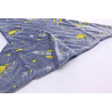 Soft blue kids sleeping sack with yellow rocket and star space designs.
