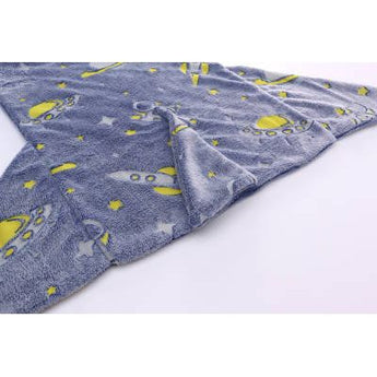 Soft blue kids sleeping sack with yellow rocket and star space designs.