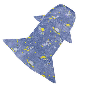 Soft blue rocket-shaped kids sleeping sack with yellow space, astronaut, and planet designs.