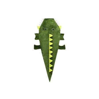 Green crocodile fun shaped kids sleeping sack with yellow accents and white teeth.