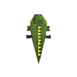 Green crocodile fun shaped kids sleeping sack with yellow accents and white teeth.