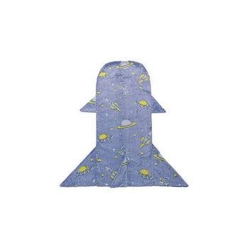 Blue rocket-shaped kids sleeping sack with yellow spaceships and stars.