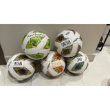 Five personalized white size 5 footballs with colorful abstract patterns and individual names written in black.