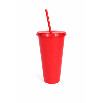 Red 24oz personalized tumbler with lid and straw, made from durable, BPA-free PP plastic.