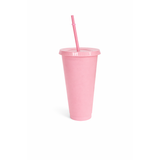 Pink 24oz PP plastic tumbler with lid and straw, for personalized party favors.