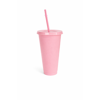 Pink 24oz PP plastic tumbler with lid and straw, for personalized party favors.